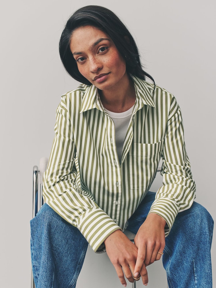 Green Stripe Oversized Long Sleeve 100% Cotton Cropped Shirt - Image 4 of 9