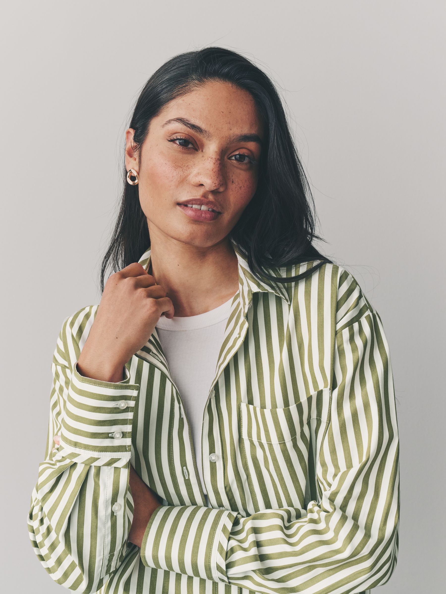 Buy Green Stripe Oversized Long Sleeve 100% Cotton Cropped