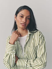 Green Stripe Oversized Long Sleeve 100% Cotton Cropped Shirt - Image 5 of 9