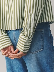 Green Stripe Oversized Long Sleeve 100% Cotton Cropped Shirt - Image 6 of 9
