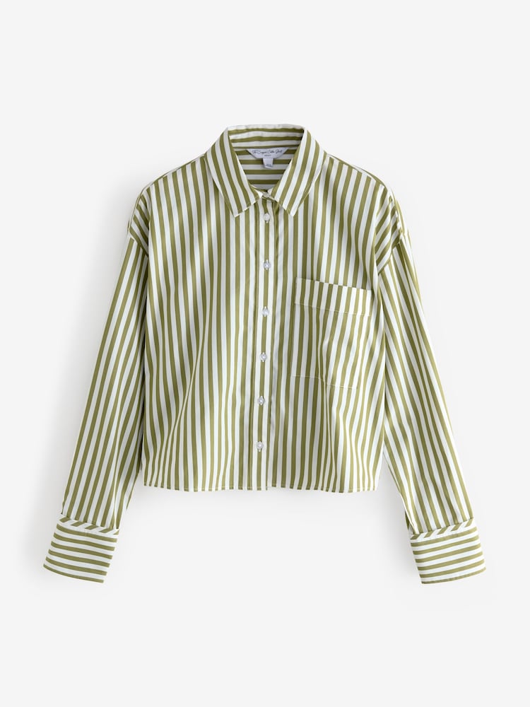 Green Stripe Oversized Long Sleeve 100% Cotton Cropped Shirt - Image 7 of 9