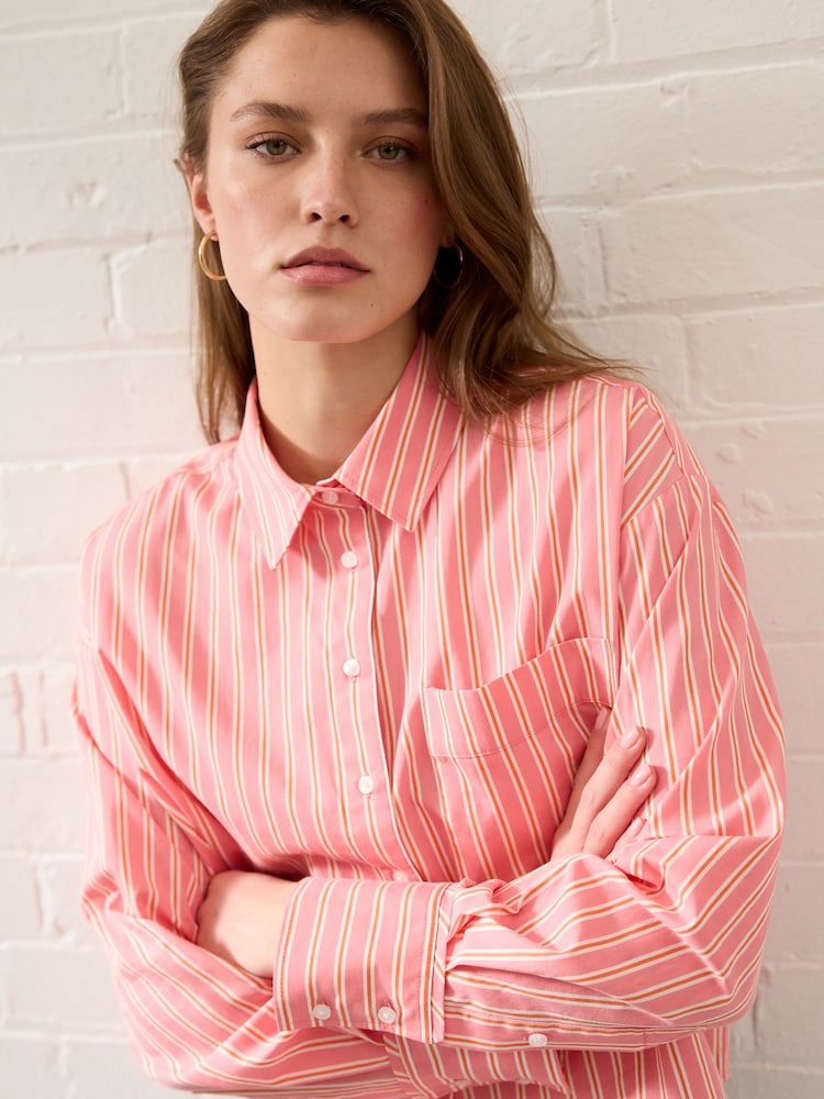 Pink Stripe Oversized Long Sleeve 100% Cotton Cropped Shirt - Image 4 of 6