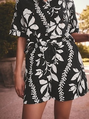 Imprimé floral noir / blanc - ShortBroderie extensible à taille extensible % coton 100 - Image 1 de 7