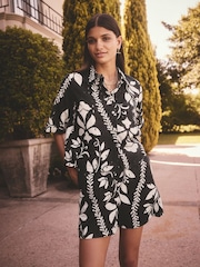 Black/White Floral Print Broderie Short Sleeve Button Down 100% Cotton Shirt - Image 1 of 4
