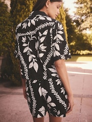 Black/White Floral Print Broderie Short Sleeve Button Down 100% Cotton Shirt - Image 2 of 4