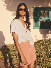 White Short Sleeve Overhead 100% Linen Top - Image 1 of 8