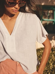 White Short Sleeve Overhead 100% Linen Top - Image 5 of 8