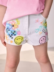 Chalk White Denim 100% Cotton Smileyworld Graffiti Shorts (3-16yrs) - Image 1 of 8