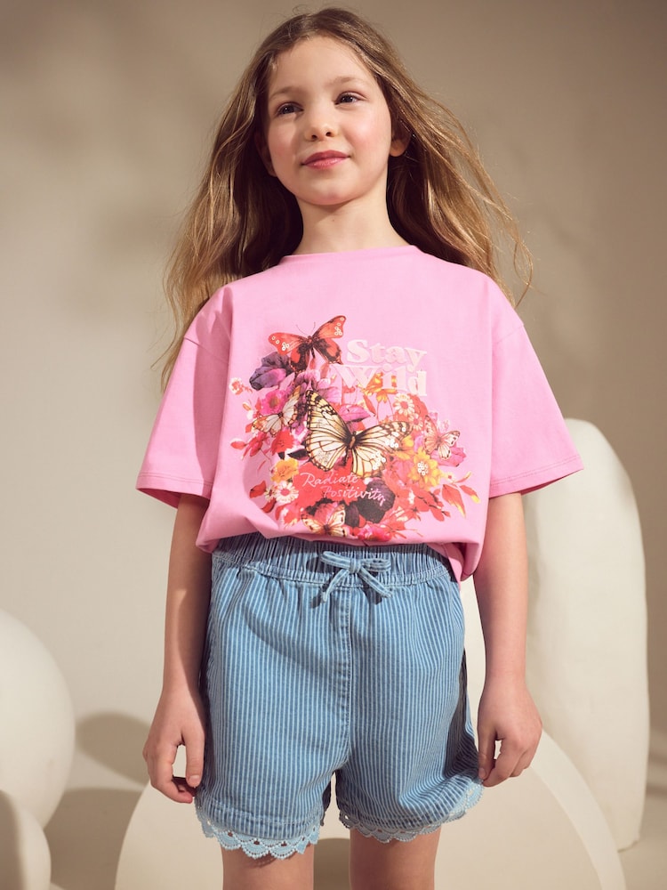 Pink/Blue Butterfly 100% Cotton T-Shirt And Denim Short Set (3-16yrs) - Image 1 of 11