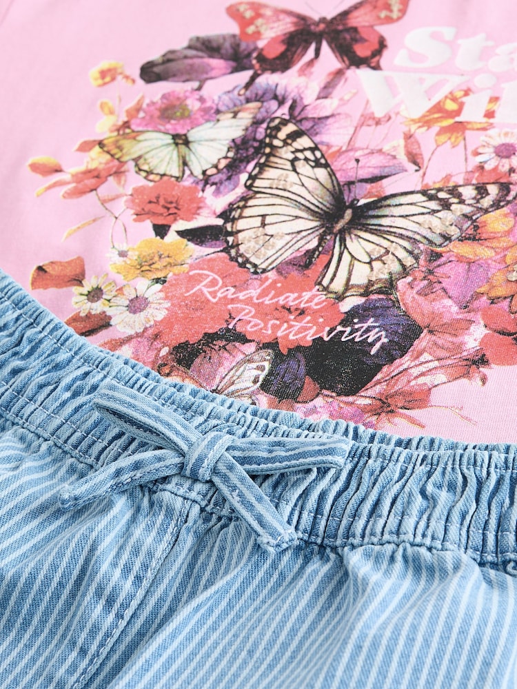 Pink/Blue Butterfly 100% Cotton T-Shirt And Denim Short Set (3-16yrs) - Image 11 of 11
