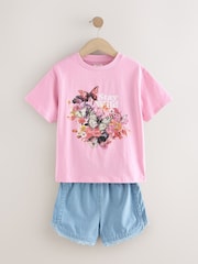 Pink/Blue Butterfly 100% Cotton T-Shirt And Denim Short Set (3-16yrs) - Image 7 of 11