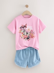 Pink/Blue Butterfly 100% Cotton T-Shirt And Denim Short Set (3-16yrs) - Image 8 of 11