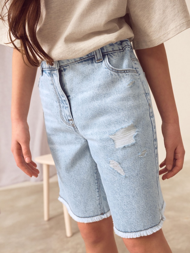 Light Blue Distressed Denim 100% Cotton Shorts (3-16yrs) - Image 2 of 9