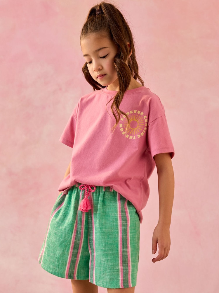 Green/Pink 100% Cotton Tie Waist Shorts (3-16yrs) - Image 1 of 4