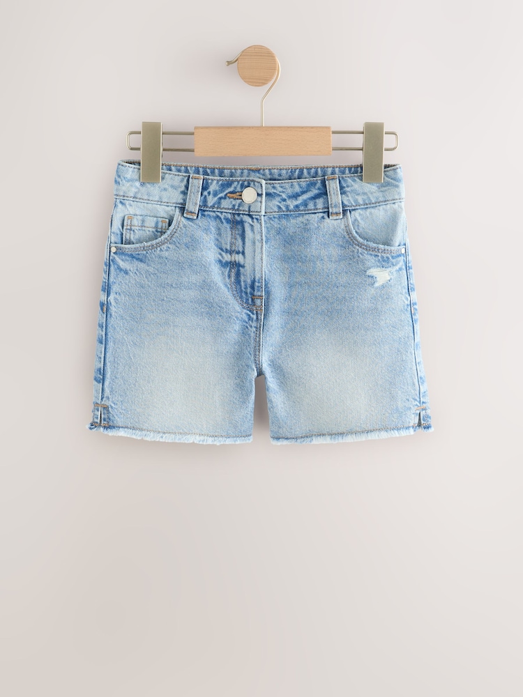 Mid Blue Longer Length Frayed Edge Denim Shorts (3-16yrs) - Image 1 of 4
