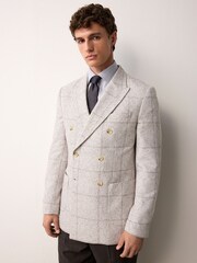 Grey/Ecru Regular Fit Smart Textured Check Double Breasted Blazer - Image 1 of 12