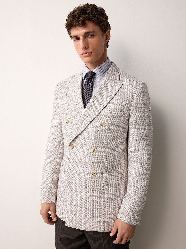 Grey/Ecru Regular Fit Smart Textured Check Double Breasted Blazer - Image 1 of 12