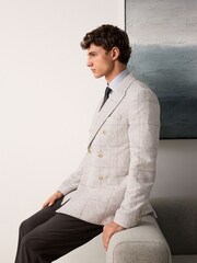 Grey/Ecru Regular Fit Smart Textured Check Double Breasted Blazer - Image 2 of 12