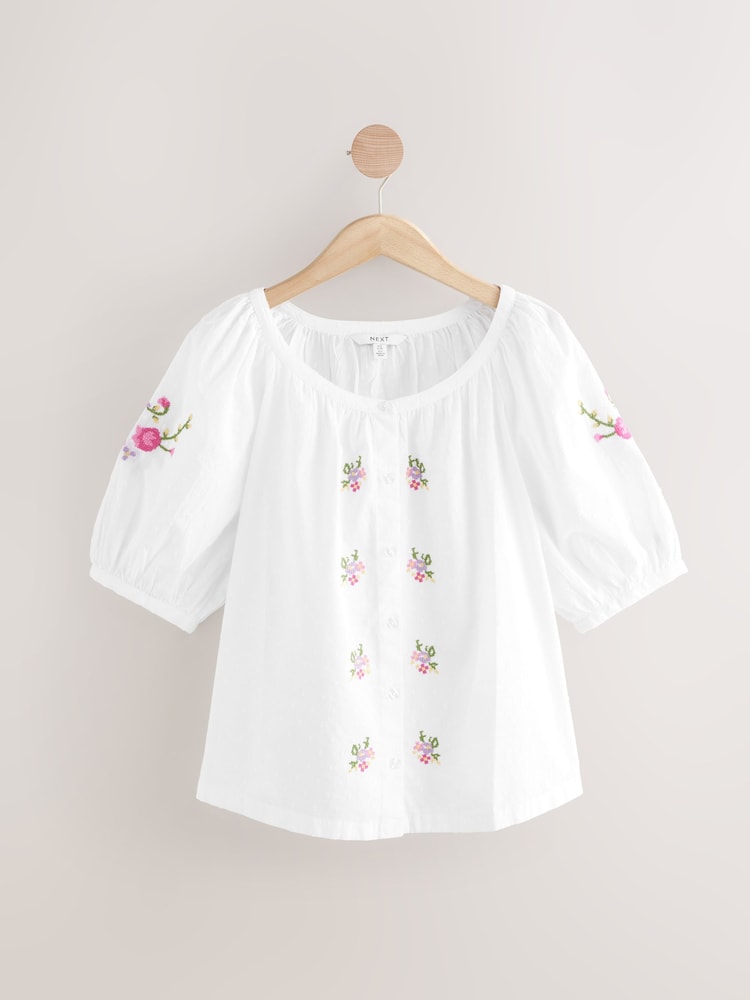 White Floral Embroidered Puff Short Sleeve Top - Image 1 of 3