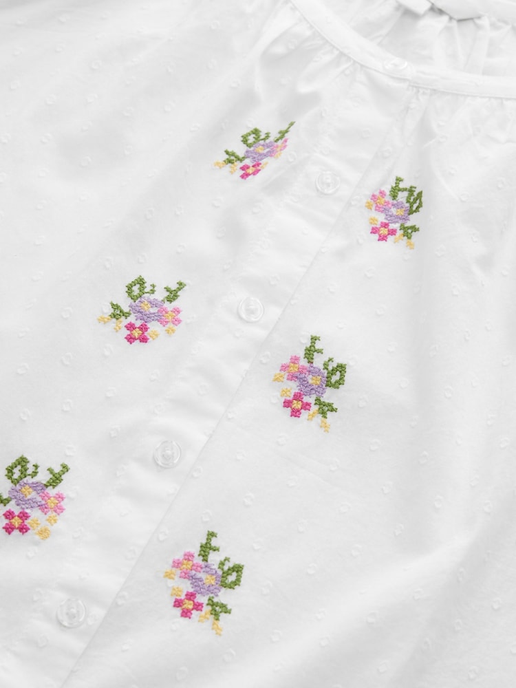 White Floral Embroidered Puff Short Sleeve Top - Image 2 of 3