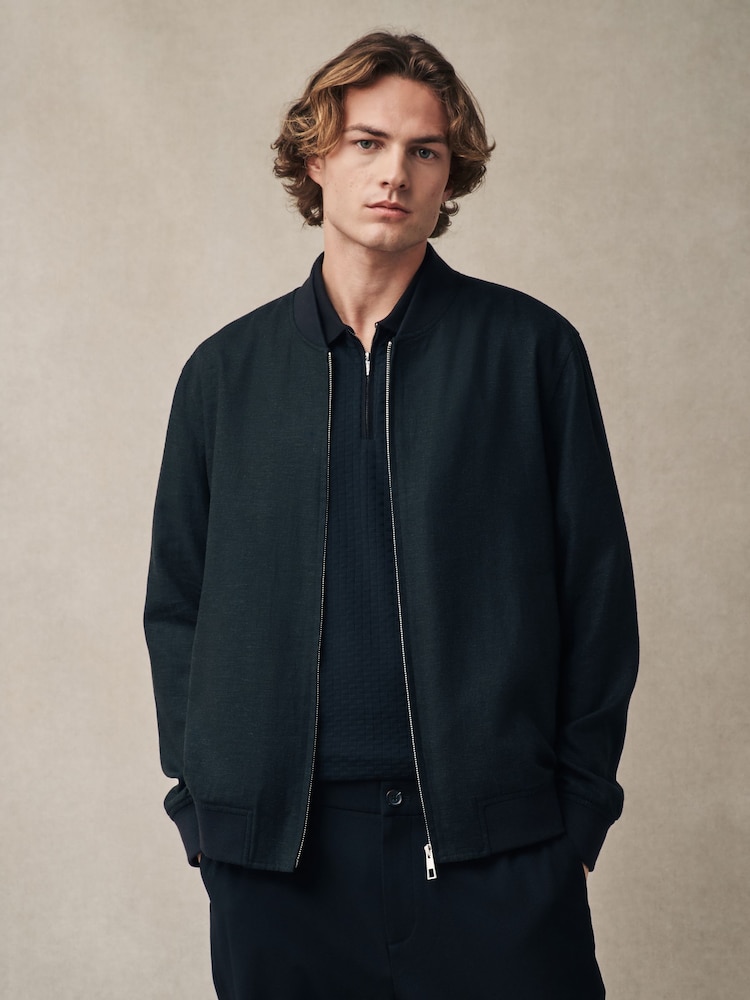 Black Linen Blend Bomber Jacket - Image 2 of 7