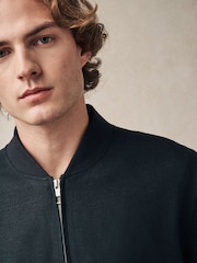 Black Linen Blend Bomber Jacket - Image 4 of 7