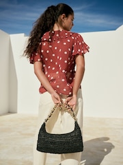 Lunares en marrón/crudo - Blusa de manga corta transparente con cuello bebé - Imagen 4 de 8
