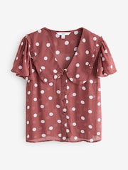 Lunares en marrón/crudo - Blusa de manga corta transparente con cuello bebé - Imagen 6 de 8