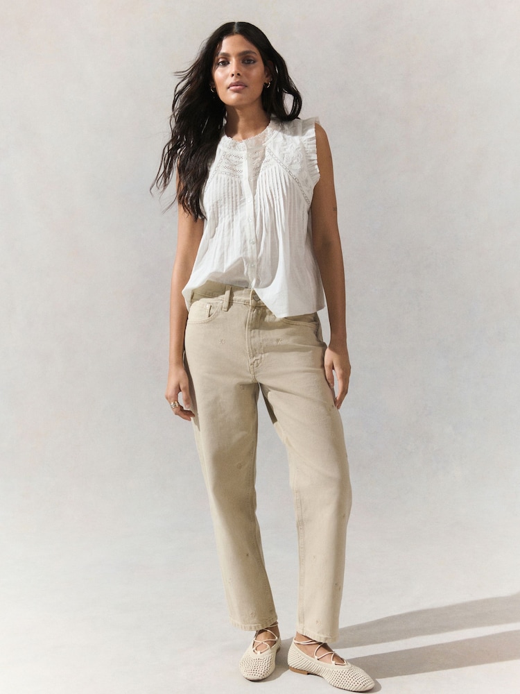White Embroidered Pintuck Sleeveless Top - Image 2 of 8