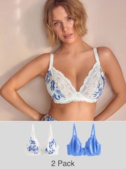 Met print/effen - DD+ Non Pad Full Cup Wired Plunge Microfibre Lace Bras 2 Pack - Image 1 of 11