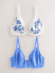 Met print/effen - DD+ Non Pad Full Cup Wired Plunge Microfibre Lace Bras 2 Pack - Image 6 of 11