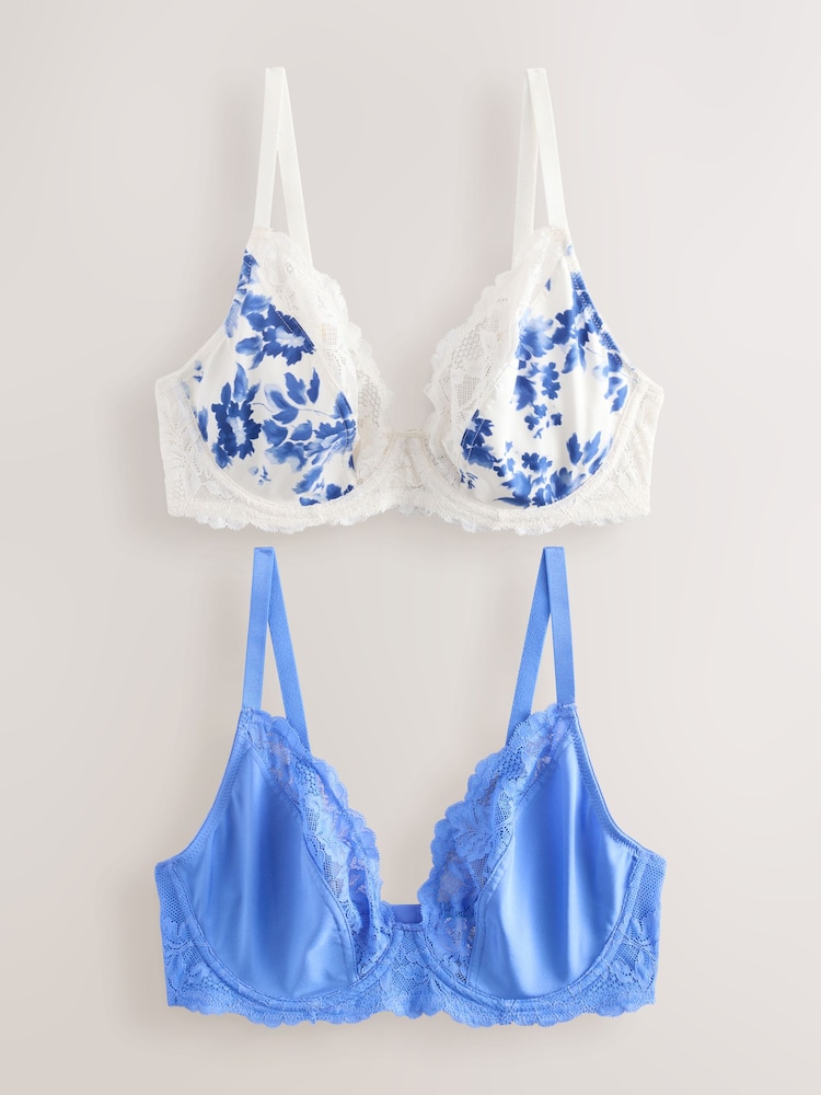 Met print/effen - DD+ Non Pad Full Cup Wired Plunge Microfibre Lace Bras 2 Pack - Image 6 of 11