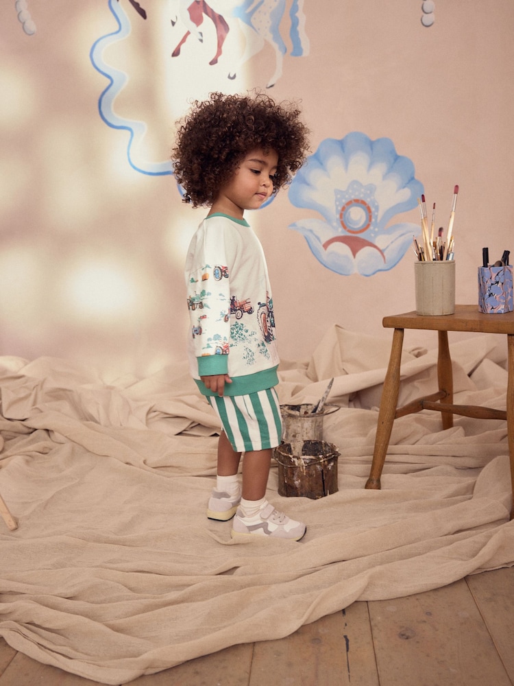Green/White Cath Kidston Long Sleeve Sweatshirt & Stripe Shorts Set (3mths-7yrs) - Image 3 of 11