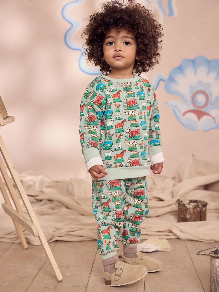 Green Cath Kidston Long Sleeve All-Over-Print Sweatshirt & Joggers Set (3mths-7yrs) - Image 1 of 13