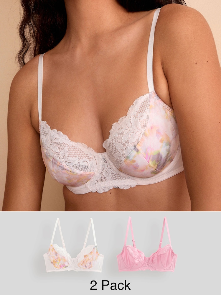 Cream/Pink 2 Pack Floral Print Non Pad Full Cup Bra - Image 1 of 12