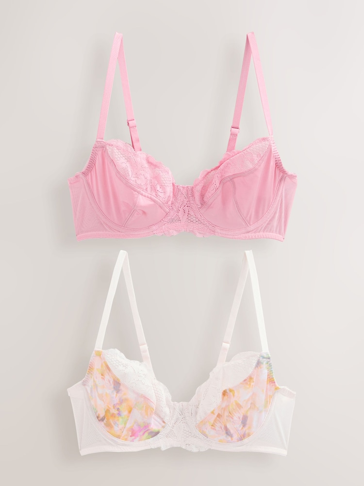 Cream/Pink 2 Pack Floral Print Non Pad Full Cup Bra - Image 8 of 12