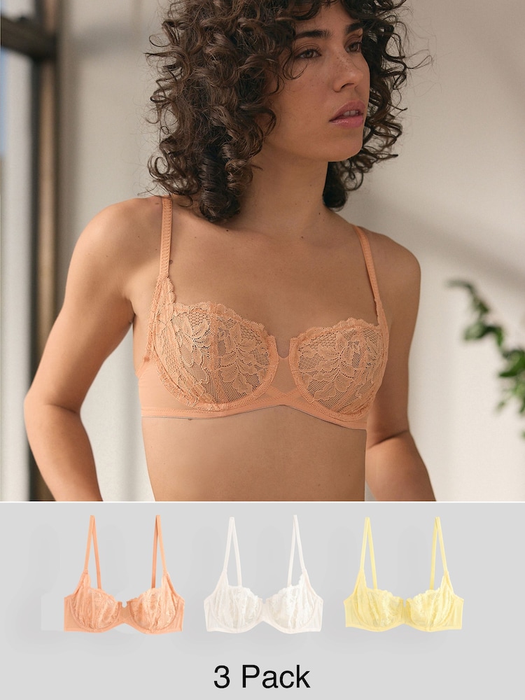 Lemon Yellow Non Pad Balcony Lace Bras 3 Pack A-E - Image 1 of 13