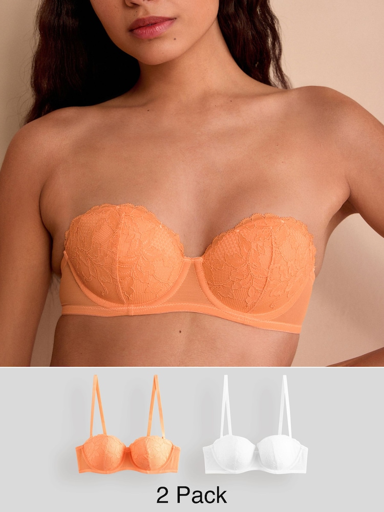 Orange/Blanc - Soutiens-gorge multi-voies sans bretelles à Dentelle légèrement rembourrés Lot de 2 - Image 1 de 11
