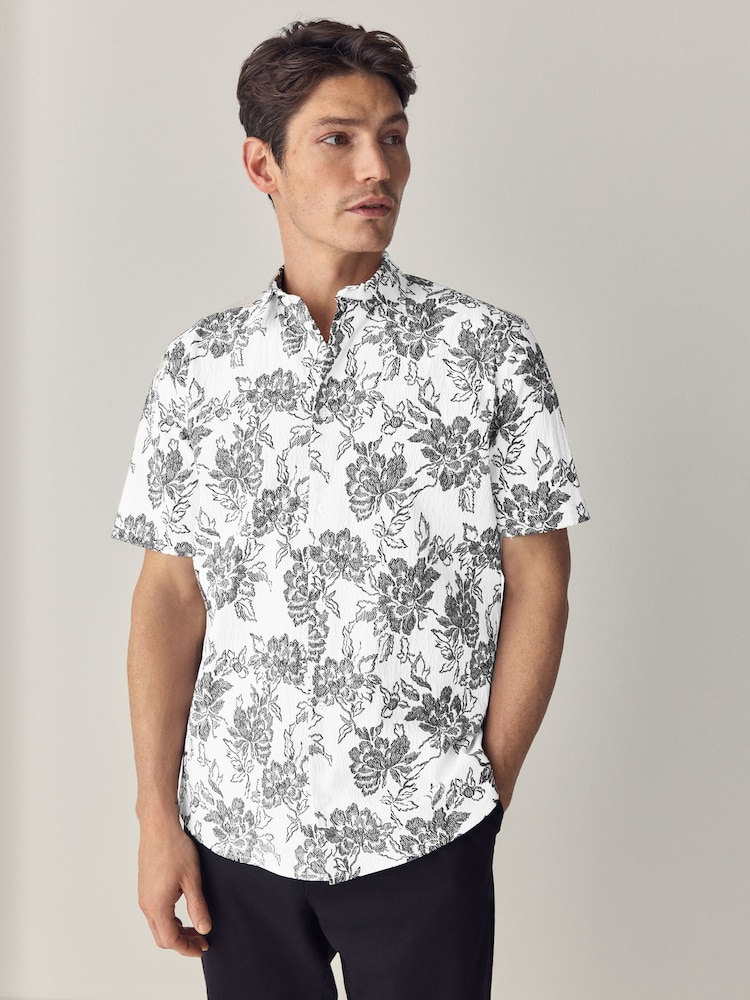 Black/White Floral Regular Fit Short Sleeve Seersucker Shirt - Image 1 of 7