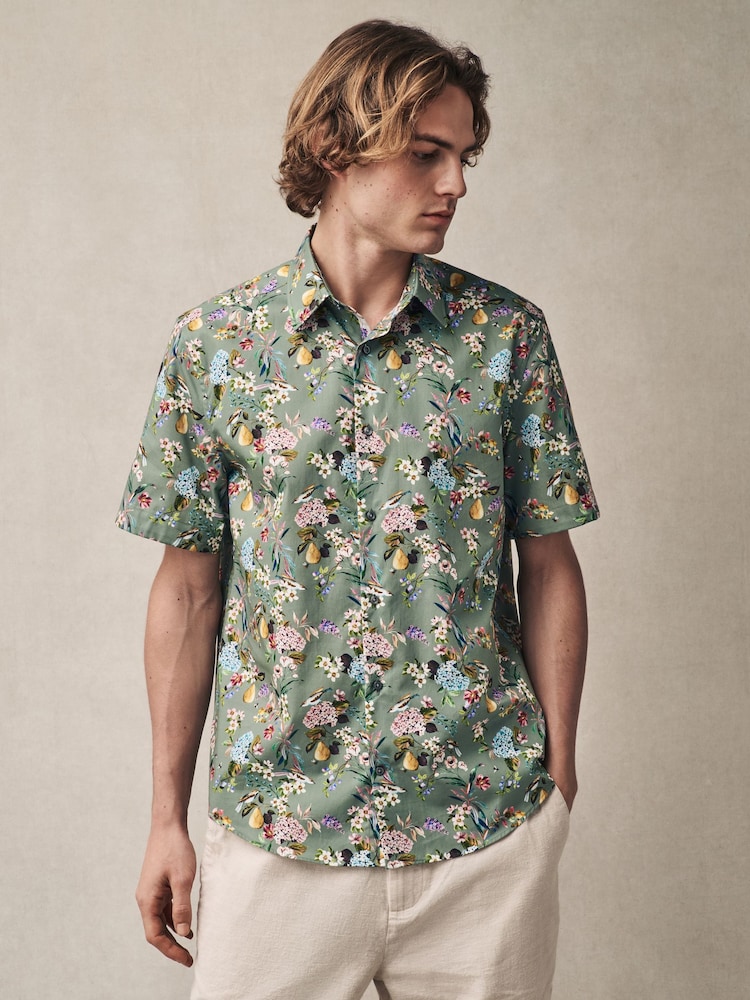 Seafoam Green Floral Fruit Regular Fit Print Short Sleeve Shirt - Image 1 of 7