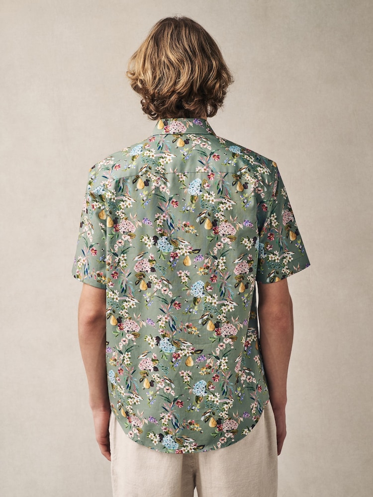 Seafoam Green Floral Fruit Regular Fit Print Short Sleeve Shirt - Image 2 of 7