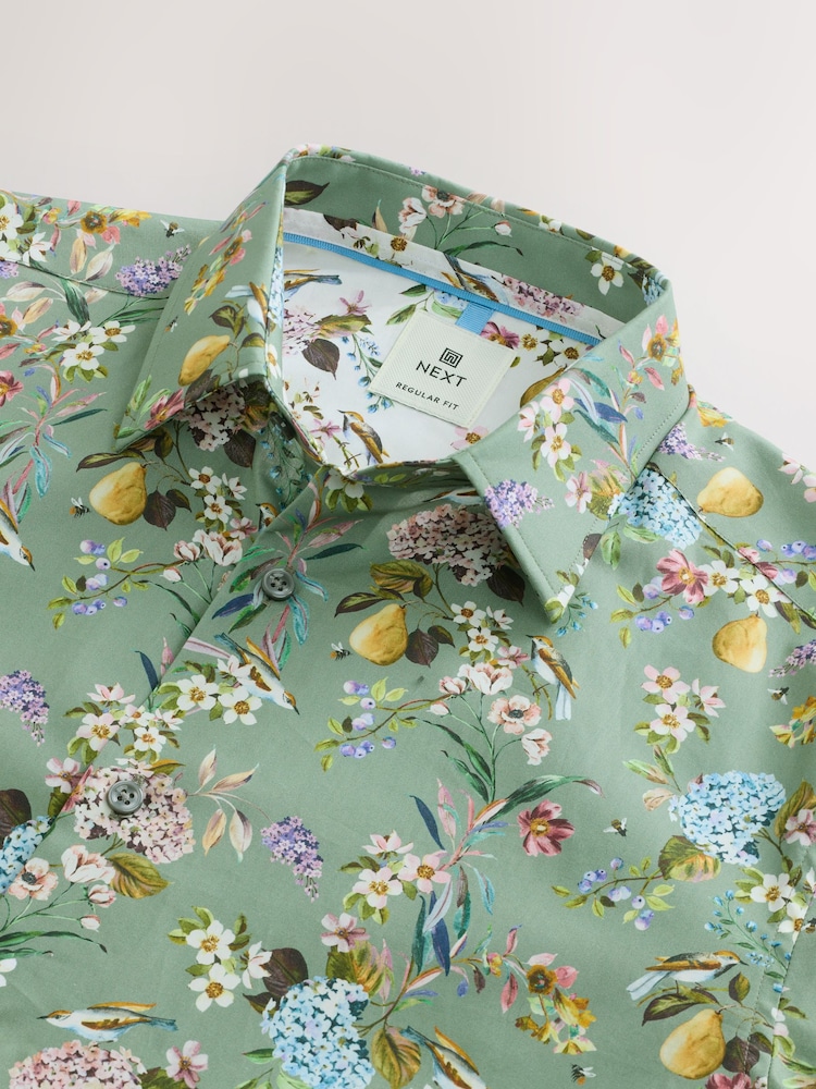 Seafoam Green Floral Fruit Regular Fit Print Short Sleeve Shirt - Image 7 of 7