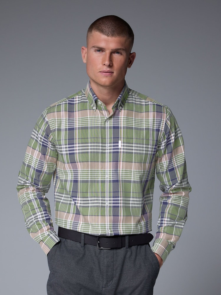 зелений Madras - стандартний крій Easy Iron Button Down оксфорд сорочки - Image 1 of 6