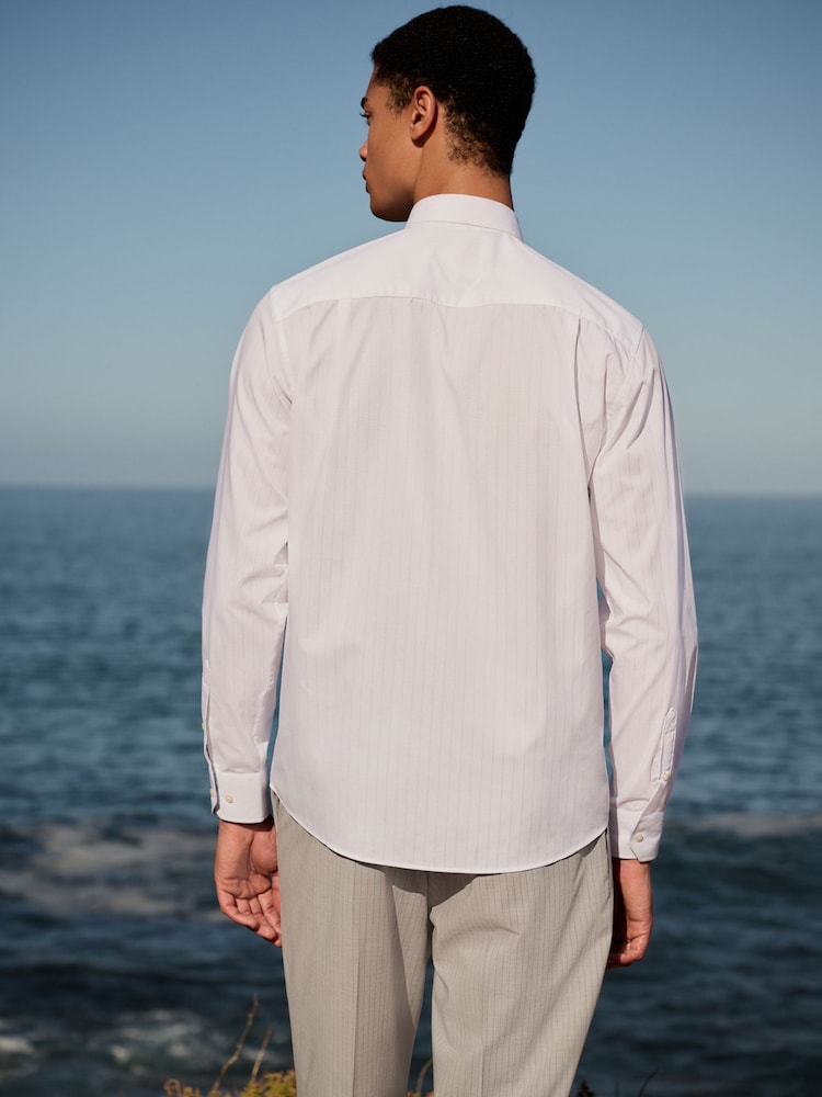 Blanc - 100% Coton Manches longues Perforées Rayure Chemises - Image 3 of 8
