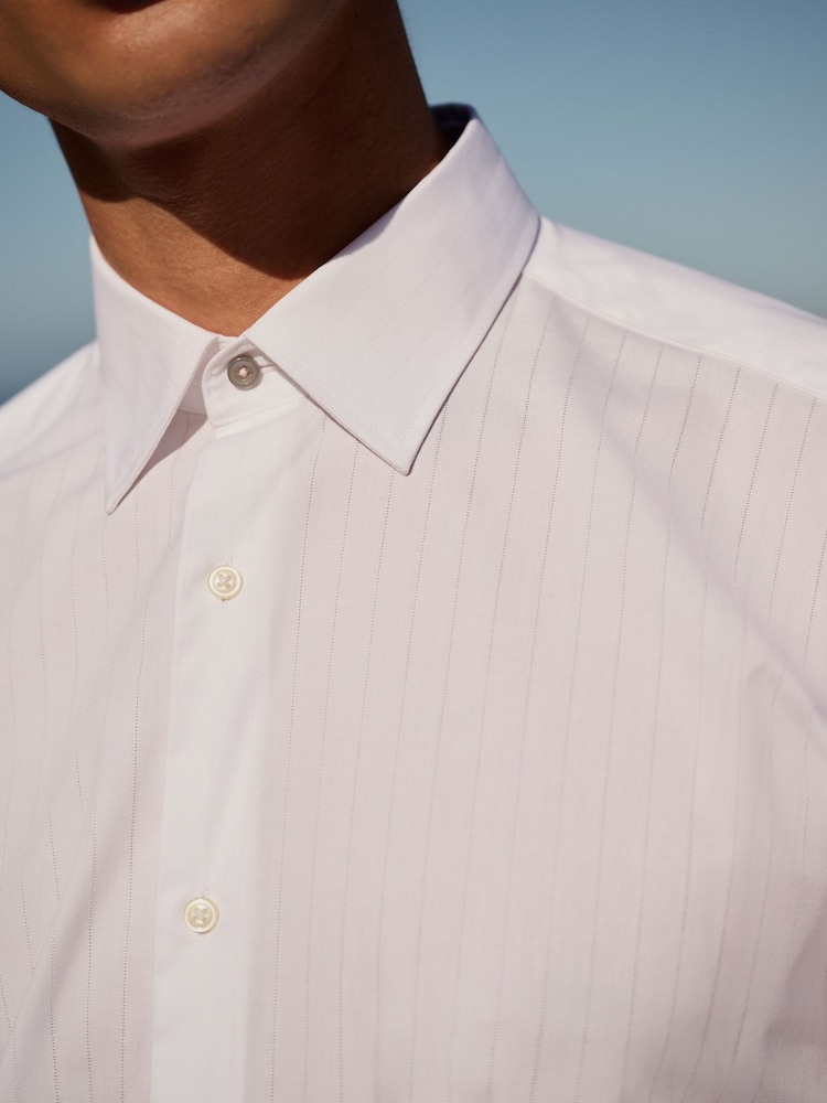 Blanc - 100% Coton Manches longues Perforées Rayure Chemises - Image 4 of 8