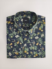 Navy Regular Fit Kew Collection 100% Cotton Floral Long Sleeve Single Cuff Shirt - Image 1 of 3