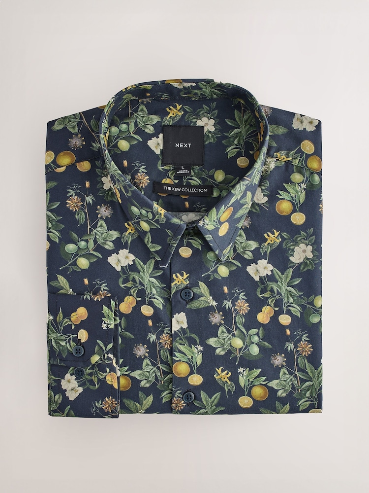 Navy Regular Fit Kew Collection 100% Cotton Floral Long Sleeve Single Cuff Shirt - Image 1 of 3