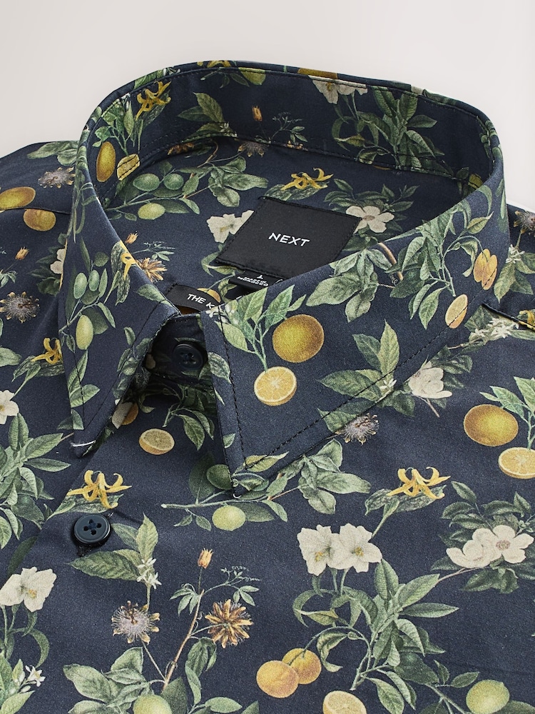 Navy Regular Fit Kew Collection 100% Cotton Floral Long Sleeve Single Cuff Shirt - Image 2 of 3