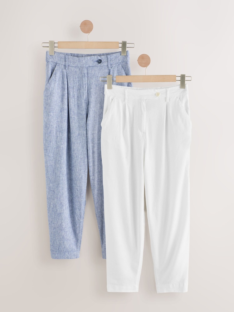 White/Blue Barrel Leg Linen Rich Trousers 2 Pack - Image 1 of 9
