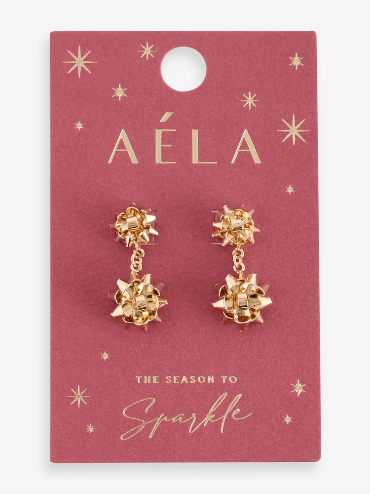 Aela Gold Tone Christmas Present Bow Drop Earrings - Image 4 of 4